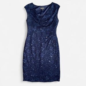 Navy Lace and Sequin Sheath Dress with Cowl Neckline